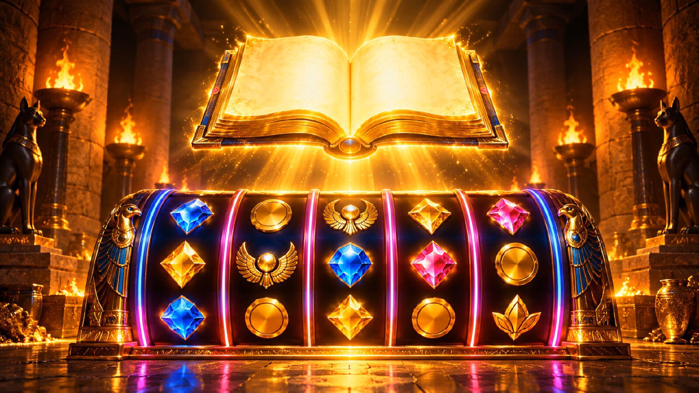 Golden book glowing above slot reels inside an Egyptian tomb lit by torches and neon