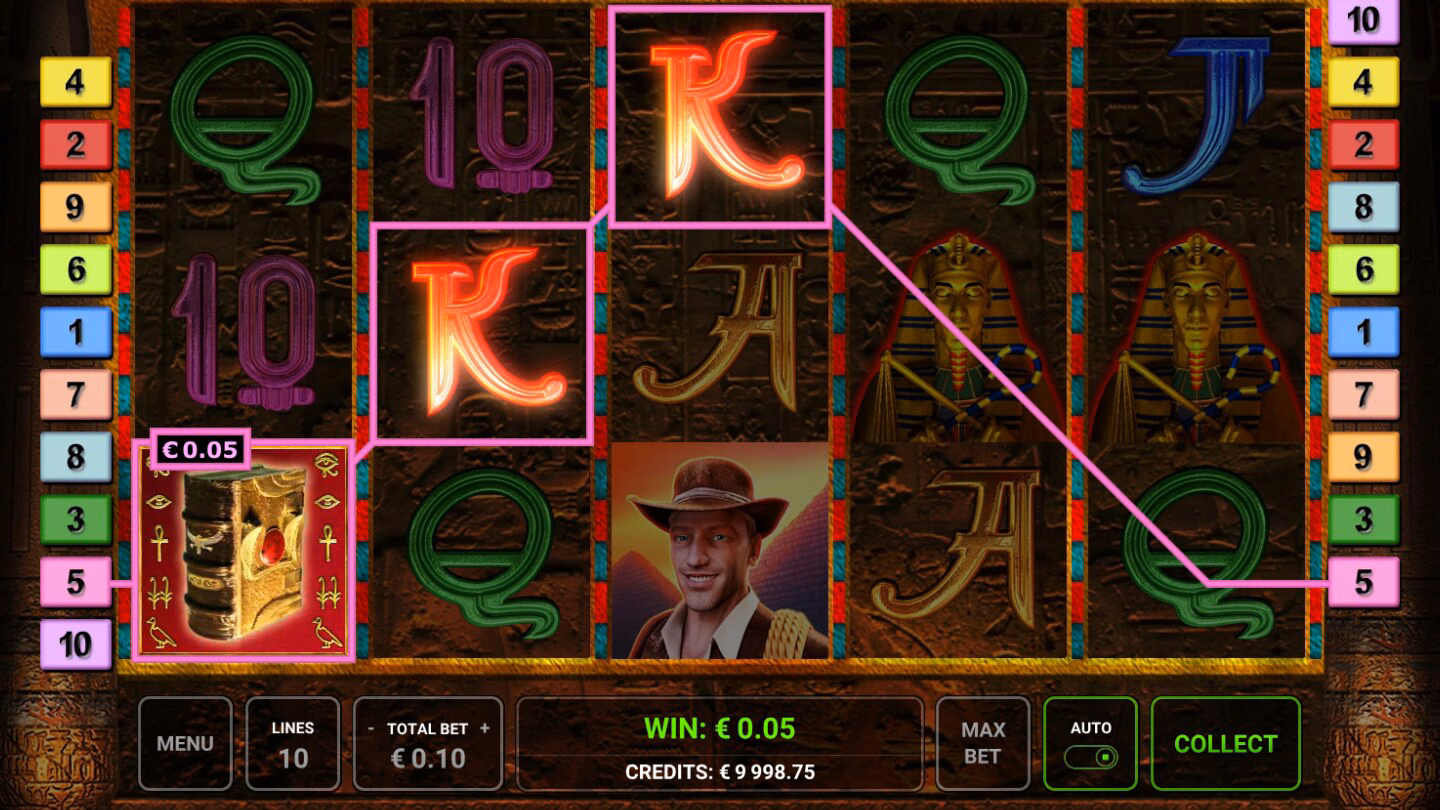 Book of Ra Deluxe demo: two Kings and the Book acting as a wild pay on line 5